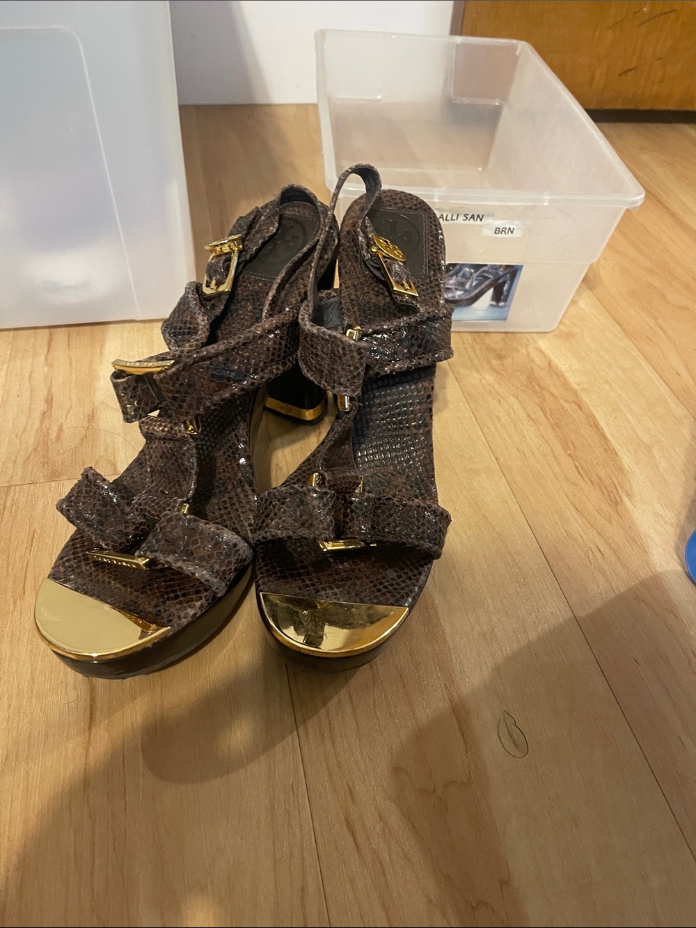 Tory Burch Brown Textured Leather Platform Heels with Gold Accents